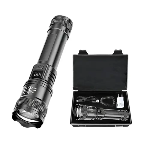 Rechargeable LED Flashlight Zoomable Torch with LCD Display 3 Modes Waterproof High Power Hand Light Outdoor Wilderness Camping