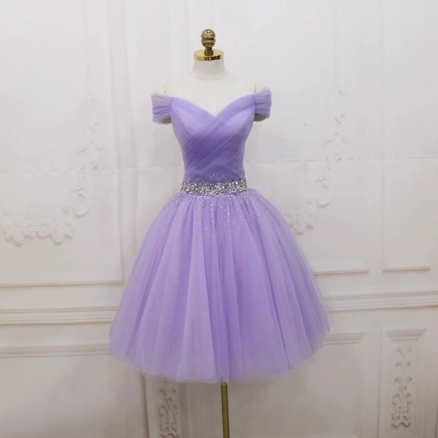 Reject Return J149 Light Purple Lilac Bridesmaid Dress Boat Neck Mesh Tulle Performance Homecoming Dresses Wedding Party