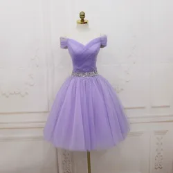 Reject Return J149 Light Purple Lilac Bridesmaid Dress Boat Neck Mesh Tulle Performance Homecoming Dresses Wedding Party