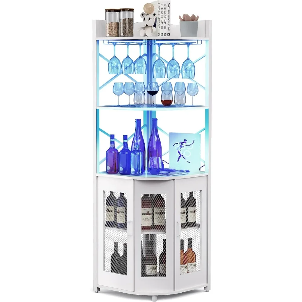 

Corner Bar Cabinet with Power Outlet,5-Tier Industrial Wine Cabinet with LED Strip and Glass Holder,Liquor Bar Cabinet with Mesh