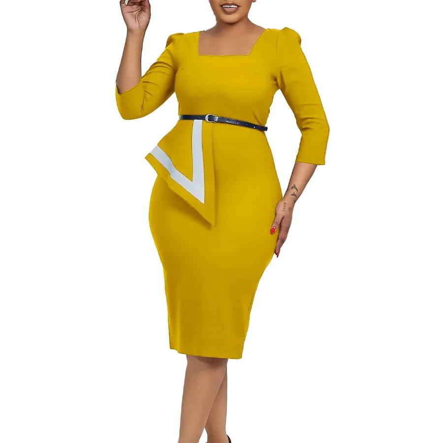 Spring African Dresses for Women Elegant African 3/4 Sleeve Polyester Square Collar Party Evening Bodycon Dress Africa Clothing