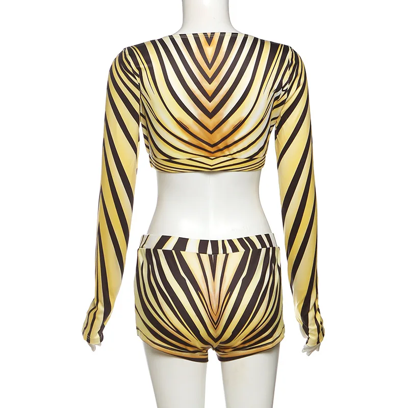 Полосатый комплект из 2 предметов с принтом, женские сексуальные укороченные топы с глубоким v-образным вырезом и длинными рукавами + узкие шорты, одежда для ночного клуба, женская уличная одежда