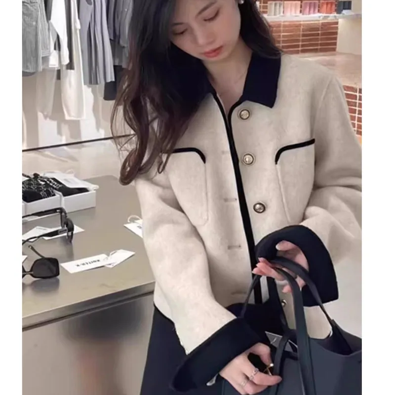 2025ฤดูใบไม้ร่วง/ฤดูหนาวใหม่ลมหอมขนาดเล็กสองด้านCashmere Coatผู้หญิงสั้นปุ่มทองภาษาฝรั่งเศสคําสีเทาเสื้อขนสัตว์หญิง