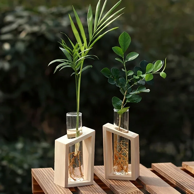 Tubo de ensayo, florero de vidrio, estación de propagación de plantas, jarrones hidropónicos para plantas con soporte de madera, terrario, decoración de escritorio para el hogar y la Oficina