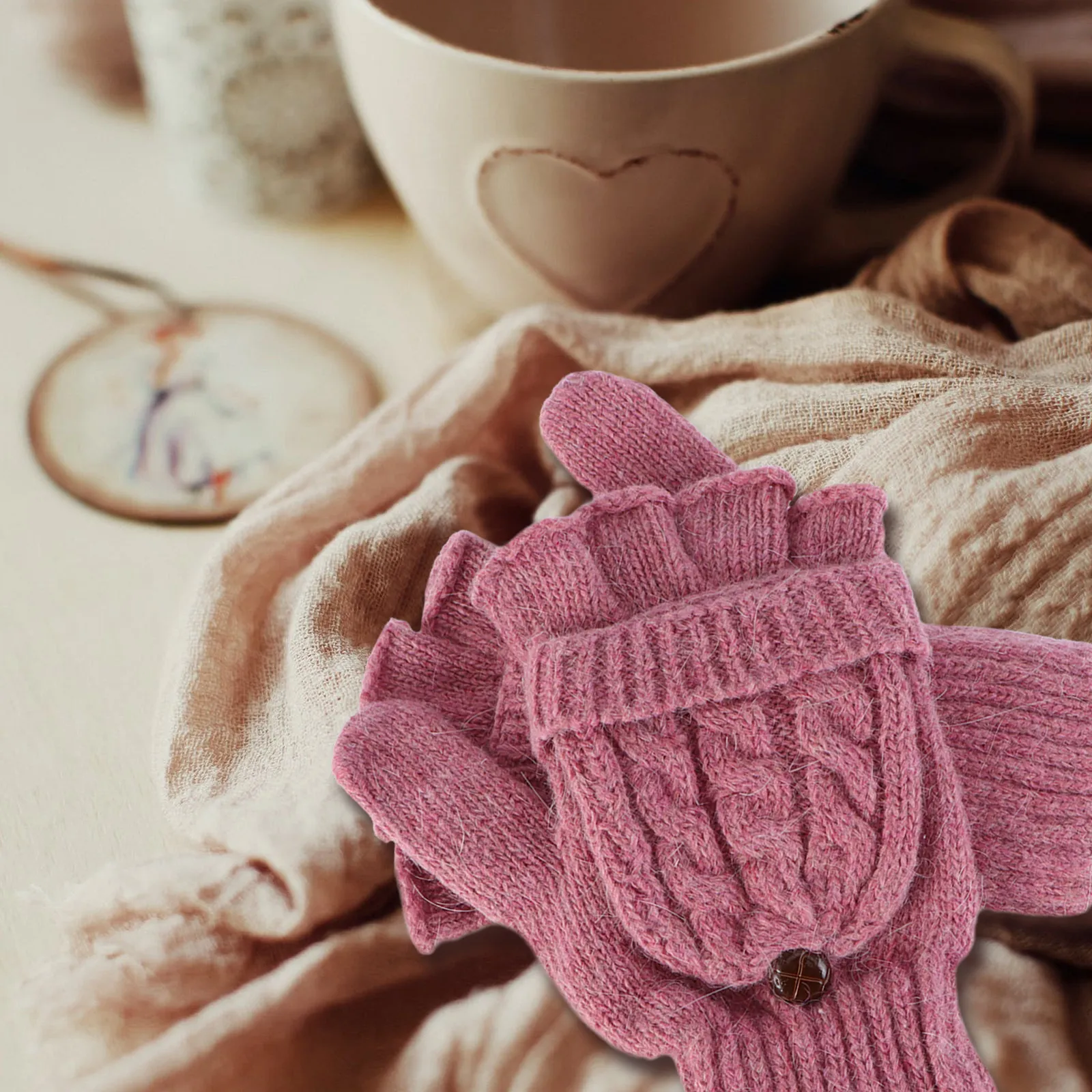 

Women Winter Wool Knitted Beige Semi Finger Gloves Convertible Mitten Cover Fingerless Gloves Mittens for Women