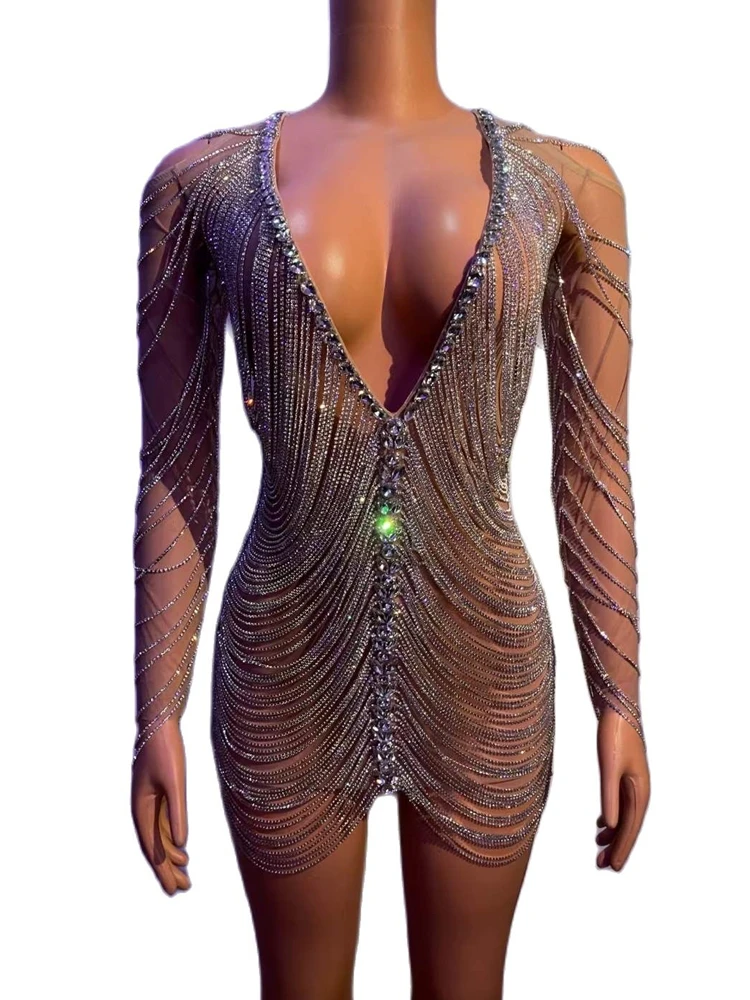 Tiefe V-Ausschnitt glänzende Strass Kette Kette rücken frei sexy Kleid für Frauen Nachtclub DJ Stage Sänger führen Drag Queen Outfits