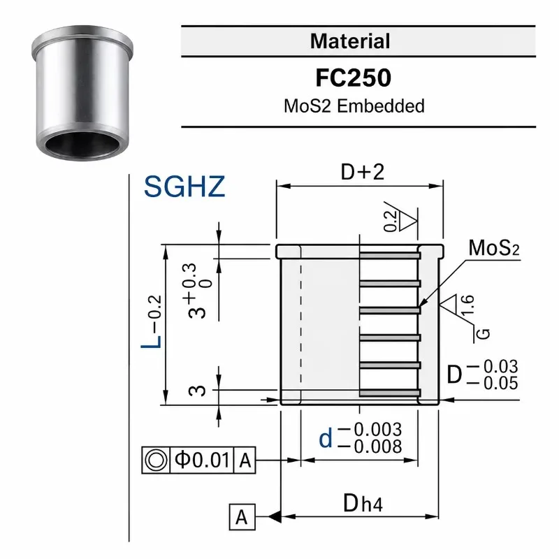 SGHZ Shouldered Self-Lubricating Stripper Guide Bushing FC250 Cast Iron Embedded MoS2 JIS Interchangeable with