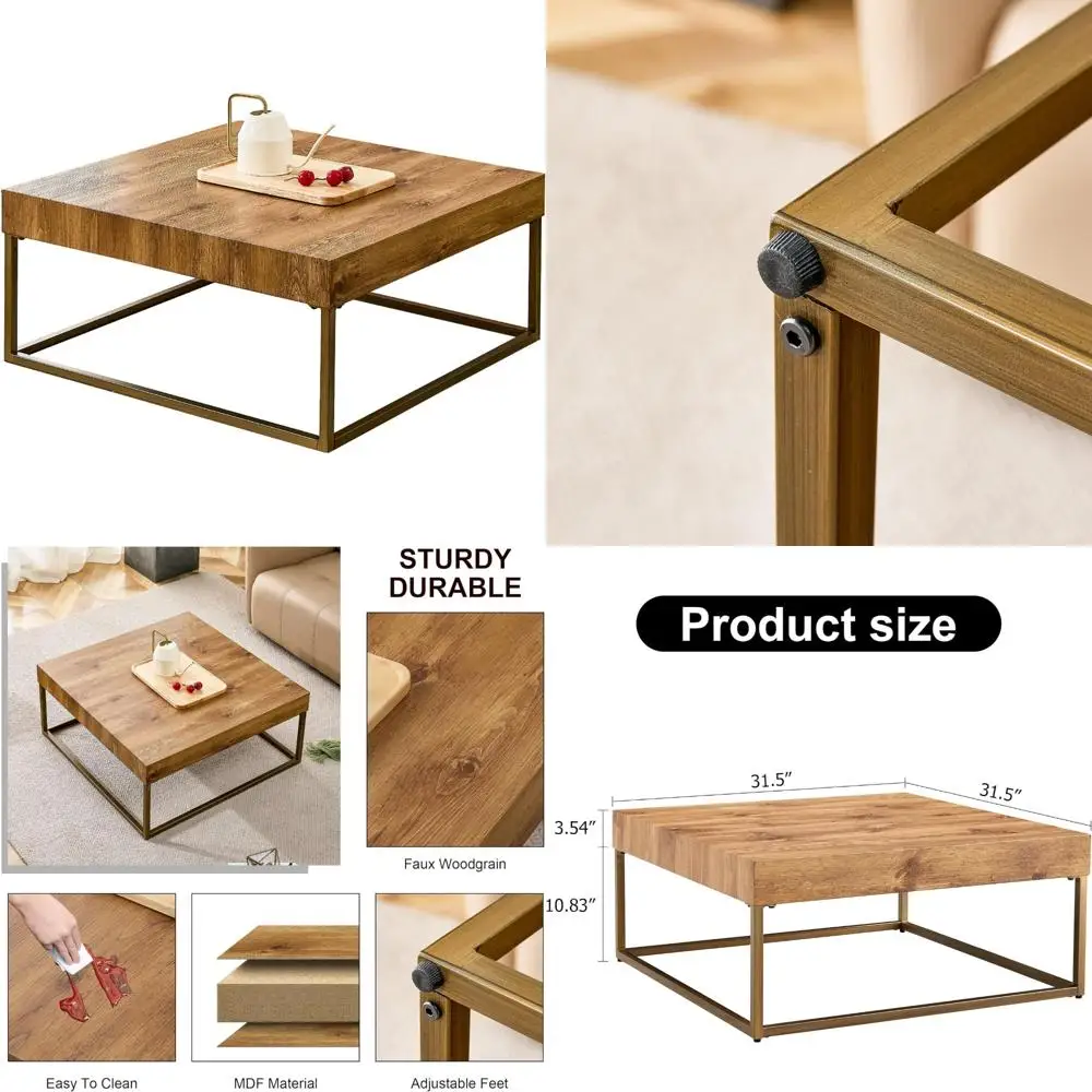 Modern 31.5 Square Coffee Table with Metal Legs and Wooden Top for Living Room and Dining Area