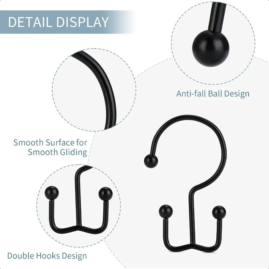 خطافات ستائر الدش 12 قطعة حلقات ستائر الدش متينة مقاومة للصدأ خطاف ستائر الدش الأسود حلقات الدش للستارة المزدوجة