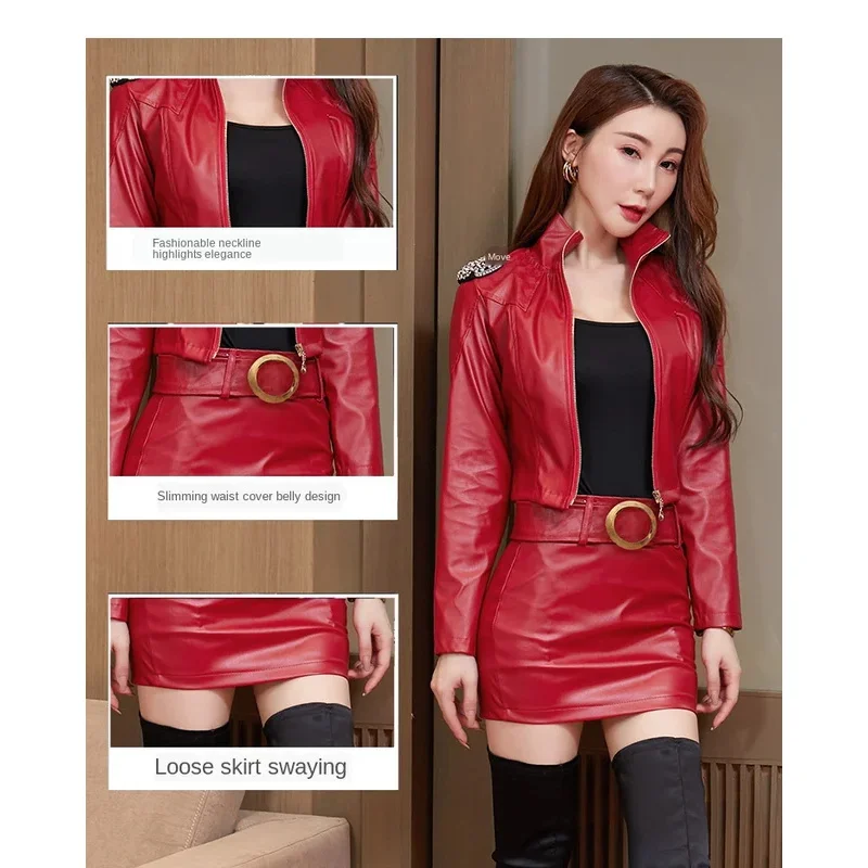 Spring and autumn new sexy package hip leather skirt was thin short paragraph PU leather Slim stretch women's two-piece suit