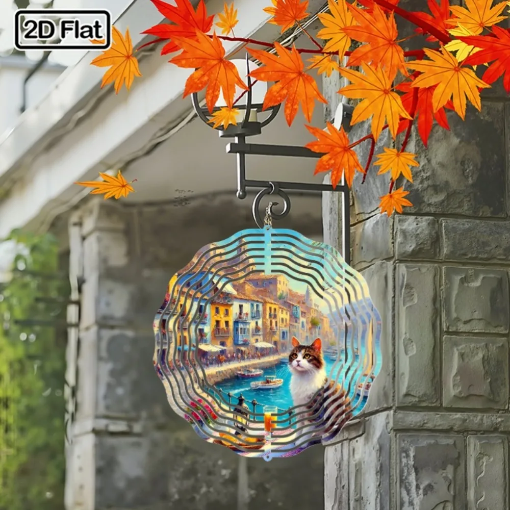 Boho 2D Water Cat Rotating Wind Chime Metal Wall Hanging Decor for Outdoor Indoor Garden