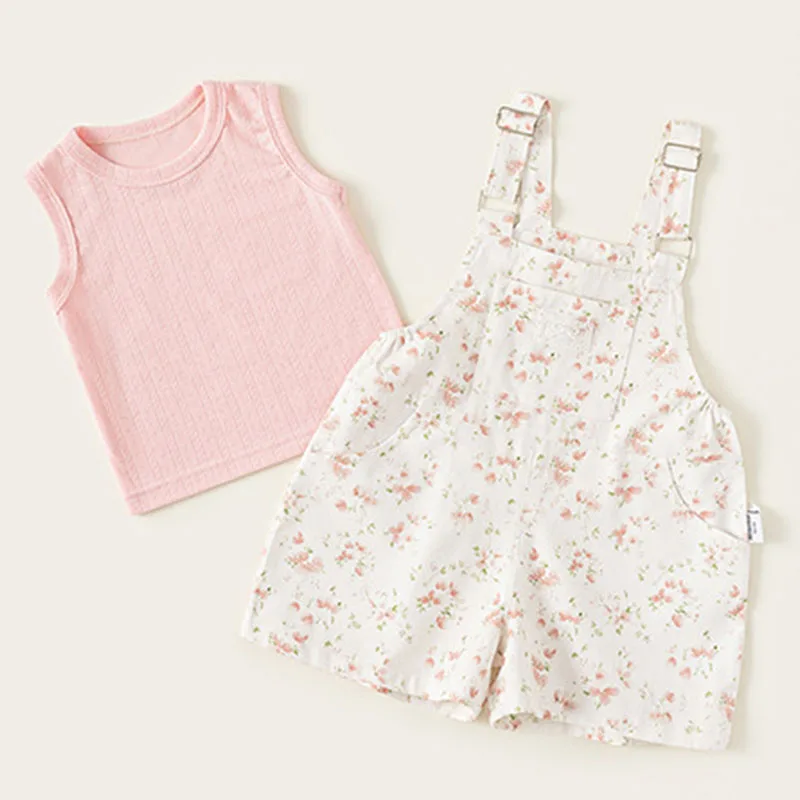 

Summer Sets Summer Toddler Boy Clothing Korean Fashion Cute Flowers Sleeveless Pink Baby Tops+Strap Shorts Kids Clothes B092