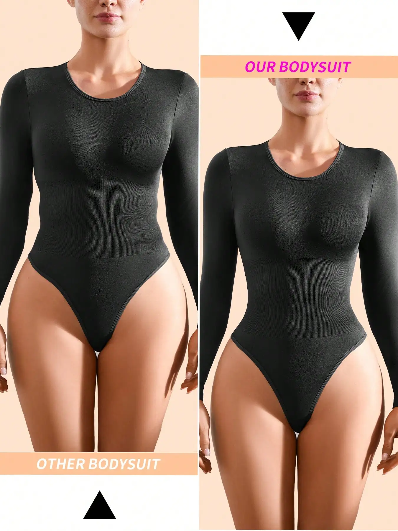 BWQ 2 stuks dames afslankende bodysuits shapewear, controle buiklift butt shaper, naadloze bodysuit met lange mouwen en ronde hals