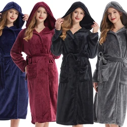 Flannel Hooded Robe for Women Coral Fleece Bathrobe Gown Sleepwear Autumn Winter Thicken Warm Lounge Wear Home Dressing Gown