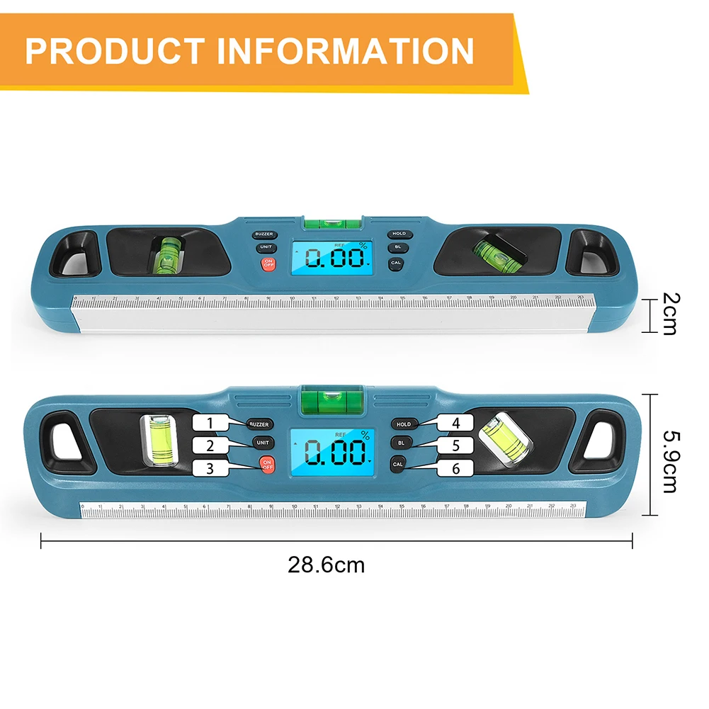 Imagem -06 - Nível Digital Inclinômetro Escala Horizontal Régua Ângulo Localizador Nível de Bolha Medição Transferidor de Nível Elétrico 285x59x19 mm