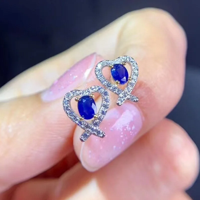 New trendy heart-shaped, full-diamond, simulated sapphire stud earrings for women Fashionable colored gemstone earrings