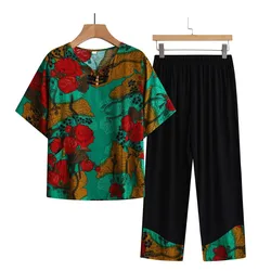 Conjunto de Pijama de dos piezas para mujer, ropa de dormir transpirable de talla grande, con estampado, camiseta de manga corta, novedad de verano