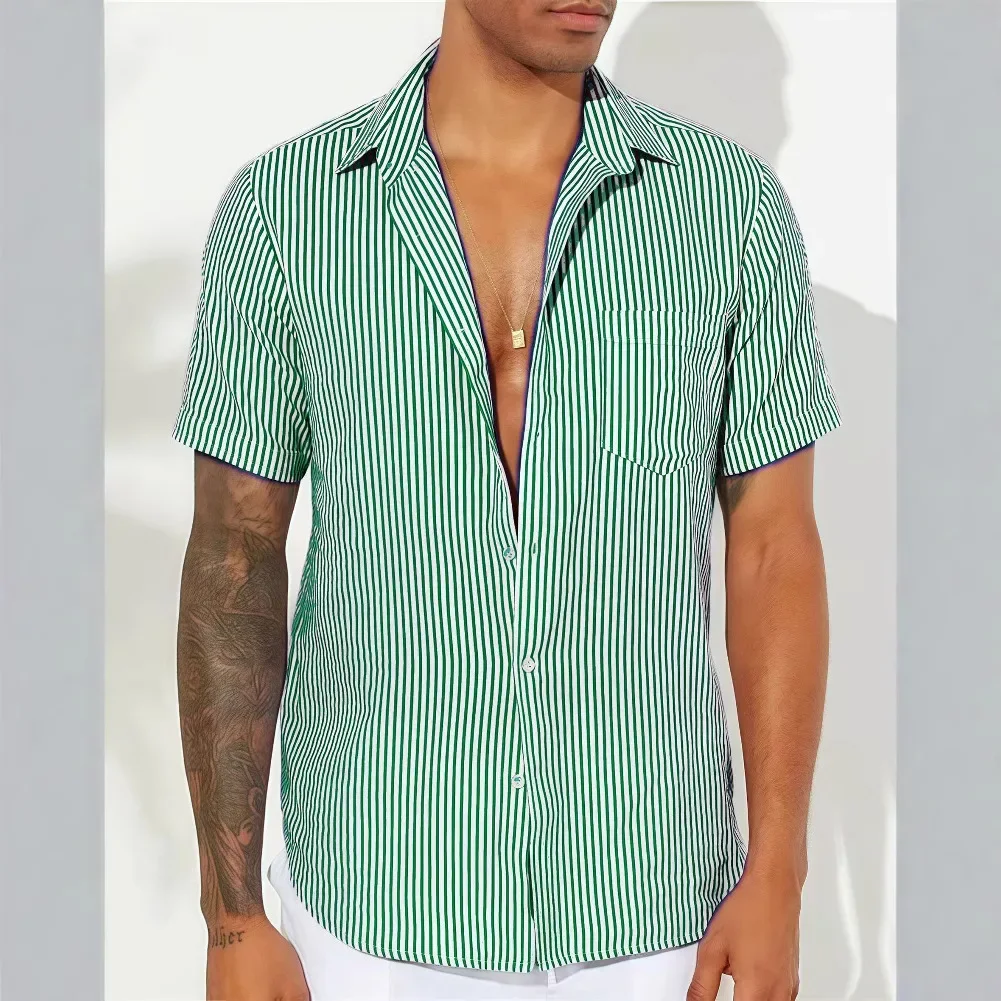 

American and European Style New Fashion Summer Men's Turn-down Collar Short Sleeve Shirts Casual Trendy Striped Shirts Male Tops