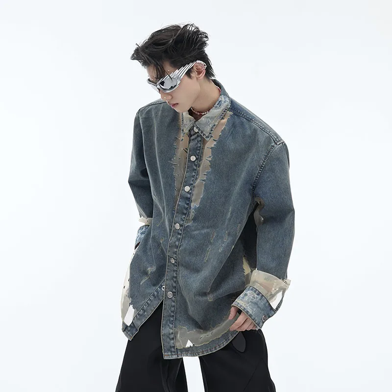 FEWQ Men Shirt Niche Hollowed Out Design Denim Deconstructed Patchwork Top Single Breasted Turn-down Collar Male Tops 24E1006