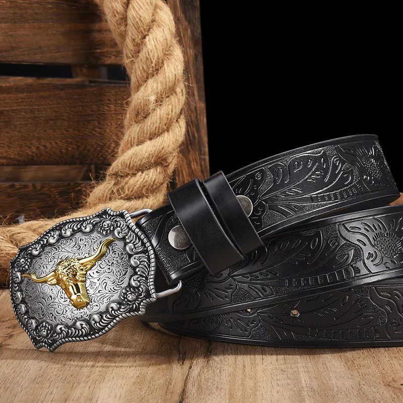 Herren- und Damenbekleidung – PU-Ledergürtel im Western-Cowboy-Stil – Vintage-Gürtel mit bedruckter Schnalle für Jeans – Detail 3