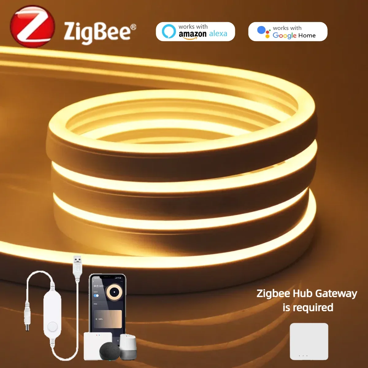 Zigbee Samrt Neon Strip Light 120LEDs/M High Bright With USB 5V Controller Support Alexa Google Home Echo Plus APP Voice Control
