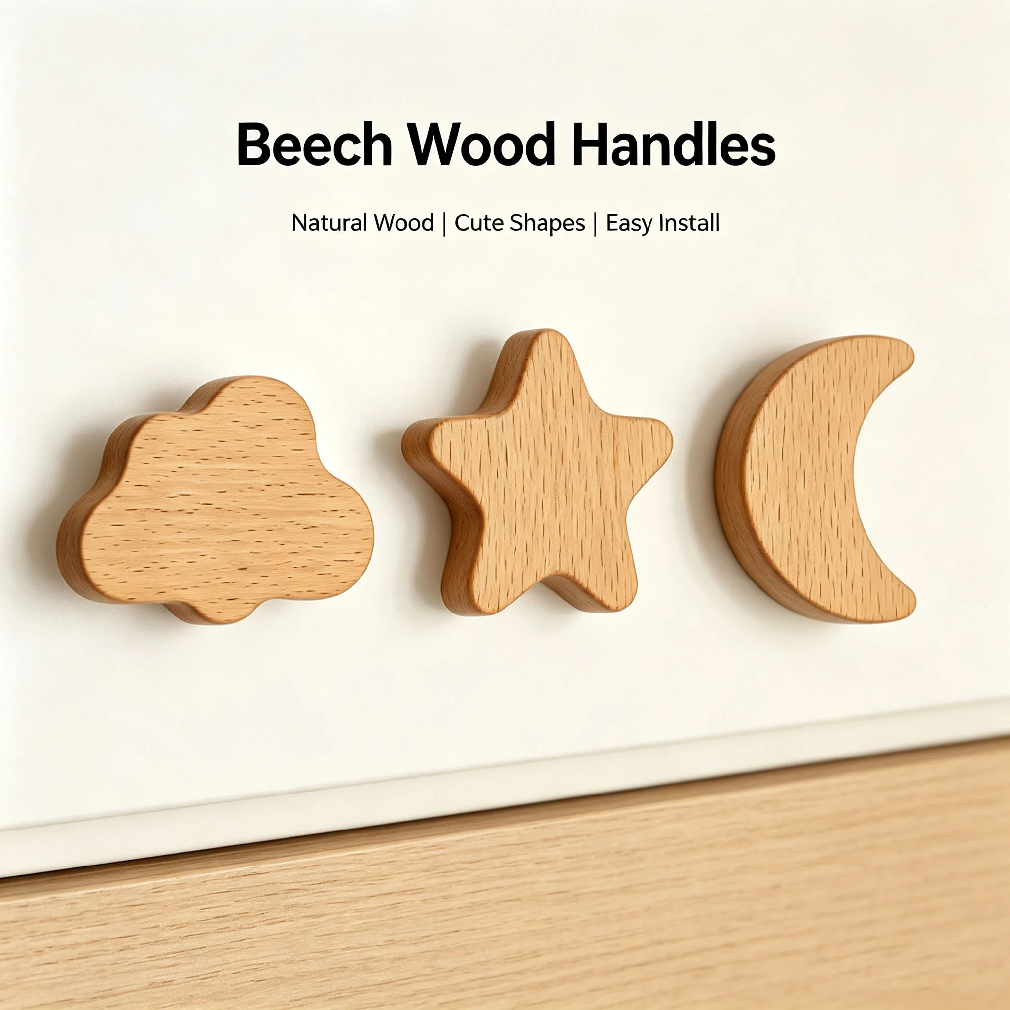 Cloud Star Moon Beech Wood Cabinet Knobs,Natural Wooden Drawer Pull Handles,Furniture Knob Hardware for Closet Cupboard Dresser