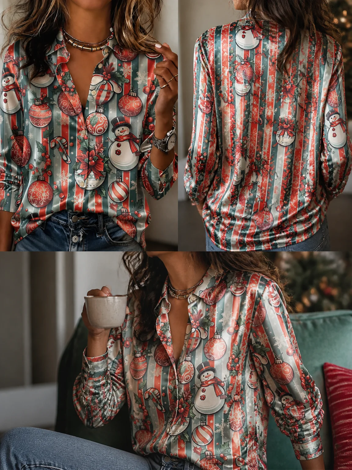 Ladies Shiny Satin Long Sleeve Collared Shirt, Christmas Element Loose Fit Blouse for Autumn Holiday Party