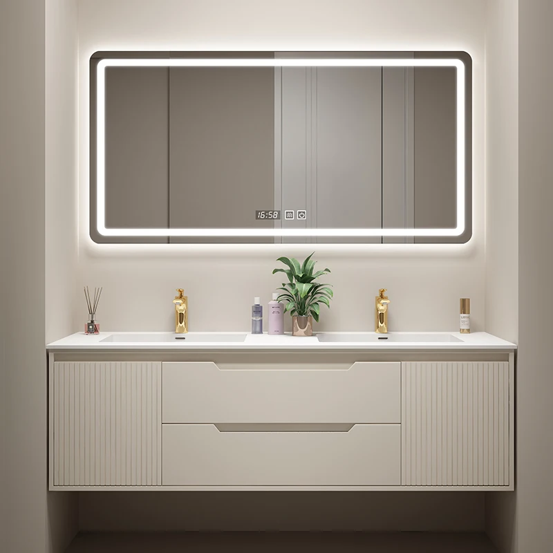 Rock board bathroom cabinet combination double basin light luxury oak seamless basin sink