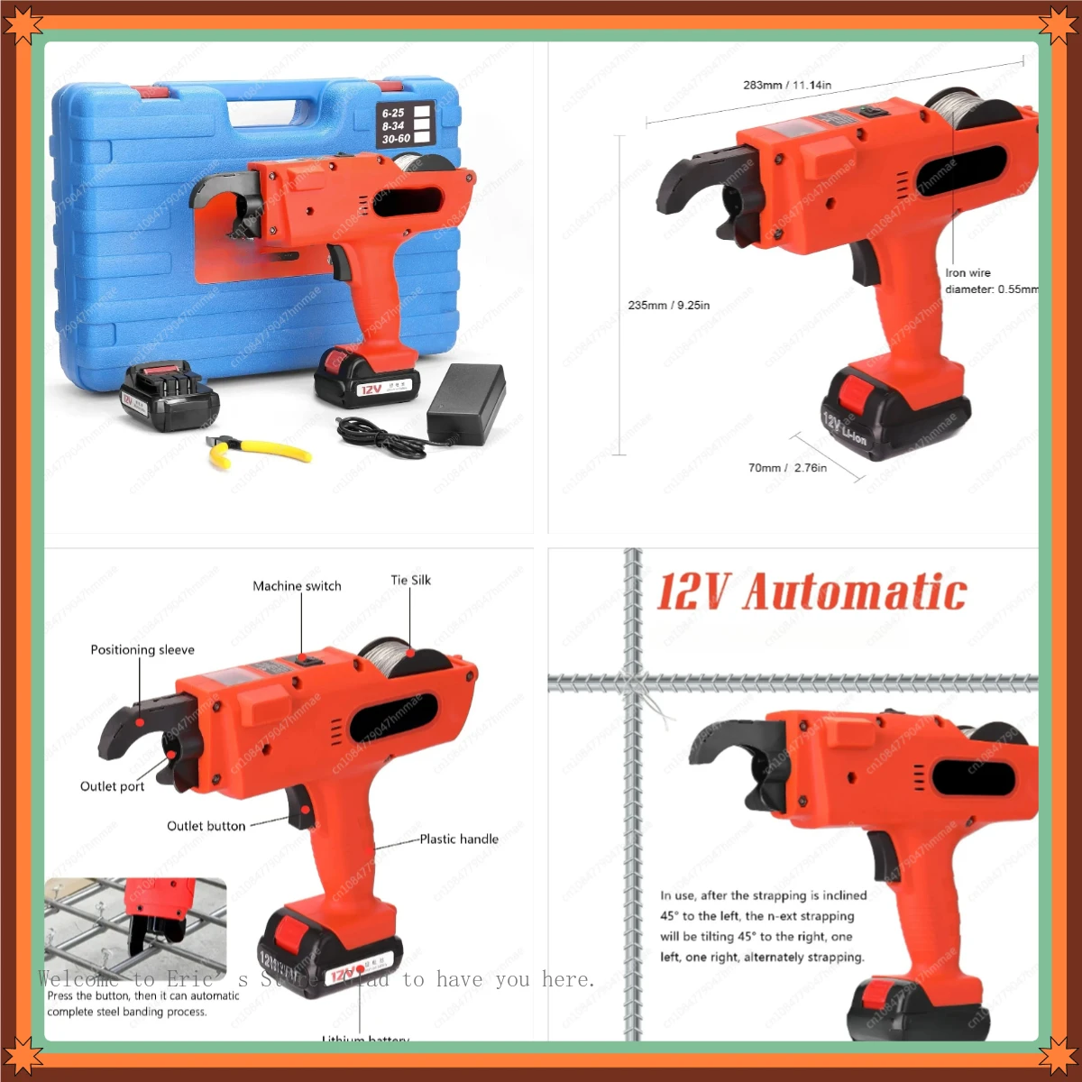 12V Cordless Rebar Tying Machine, 8-34mm Automatic Binding Tool with Rechargeable Battery