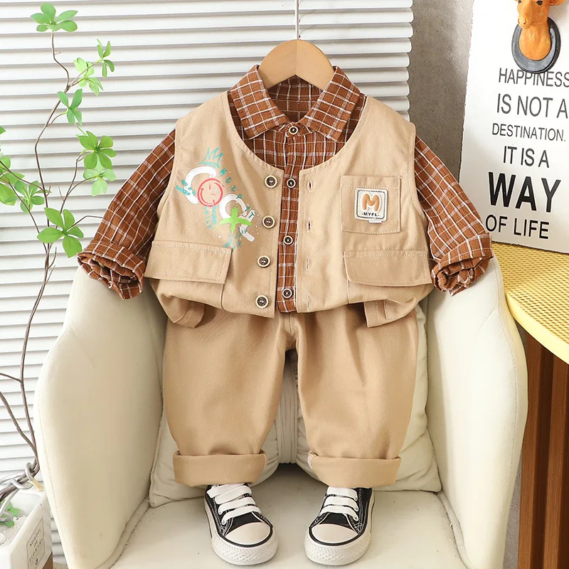 

3 Piece Toddler Outfits 2025 Spring Autumn Infant Clothes for Baby Boys and Girls Vest + Plaid T-shirts + Pants Childrens Suit