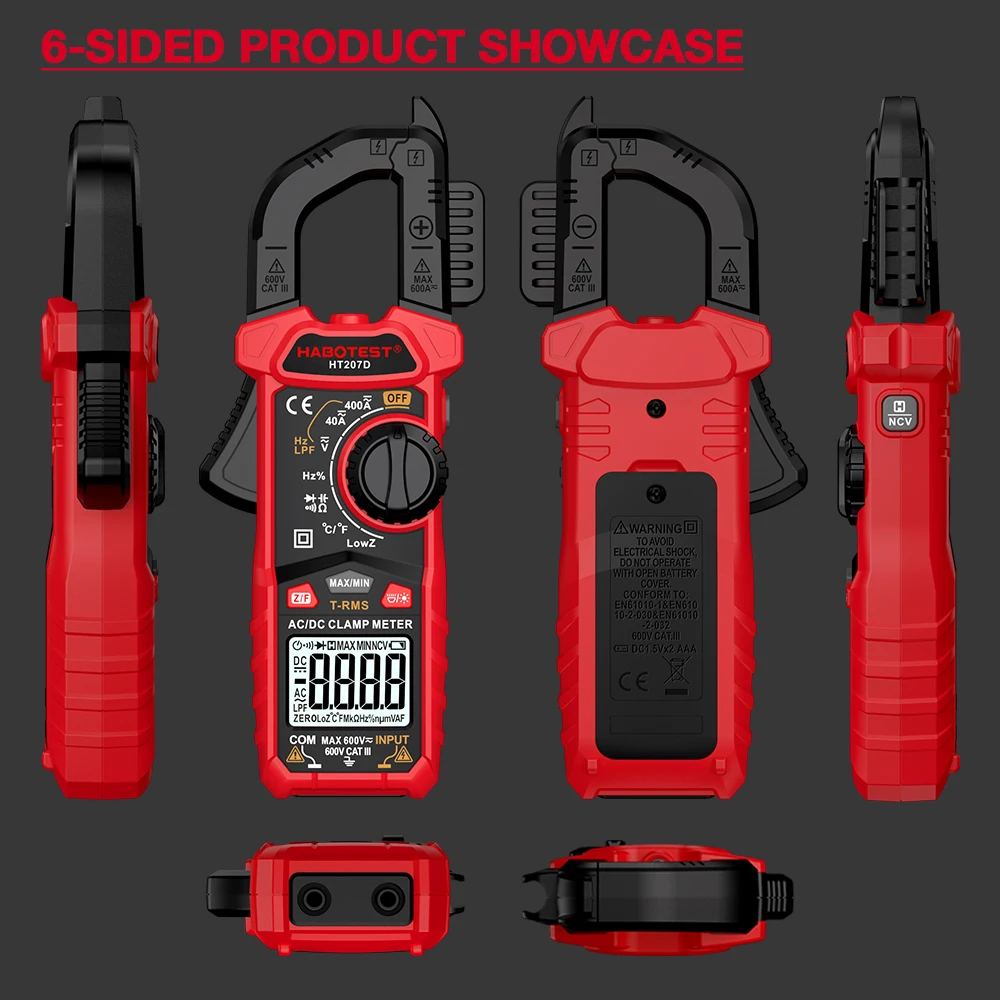 HABOTEST HT207 الرقمية المشبك متر 600 فولت صحيح RMS التيار المتناوب/تيار مستمر الحالي أمبير متر يقيس الجهد السعة درجة الحرارة أوم تستر