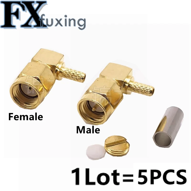 5pcs RF Connector SMA Male Plug RP-SMA Male Right Angle Crimp For RG174 RG179 RG178 RG316 LMR100 Cable Female Hole RP-SMA-JW-1.5