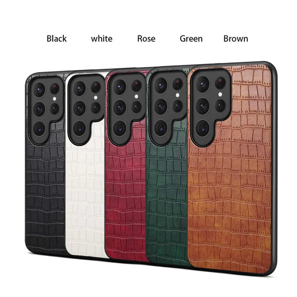 أنيقة وحشية: حافظة جلدية من جلد التمساح الصناعي مع إطار أسود غير لامع لهاتف Samsung S25 Ultra وS24 وS23 Ultra.