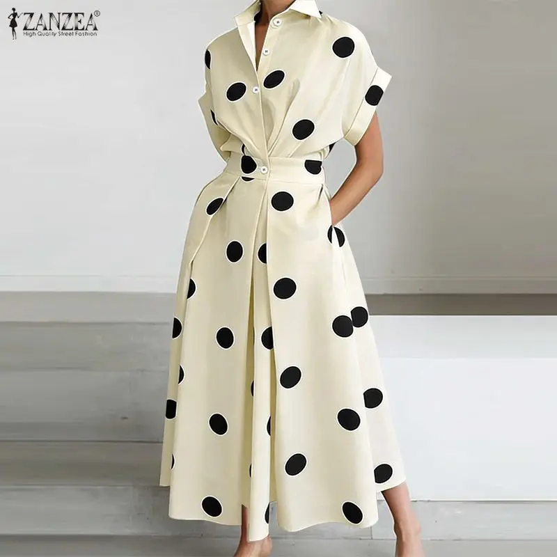 ZANZEA Stylish Women Short Sleeve Lapel Neck Office Sundress 2026 Summer Polka Dots Dress Elegant High Waist Buttons Up Dresses