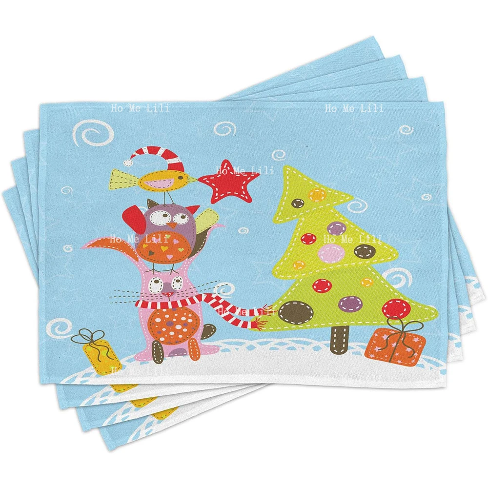 Christmas Funny Cartoon Cat Owl And A Bird Best Friends Animals Gifts Noel Print Placemats For Dining Table