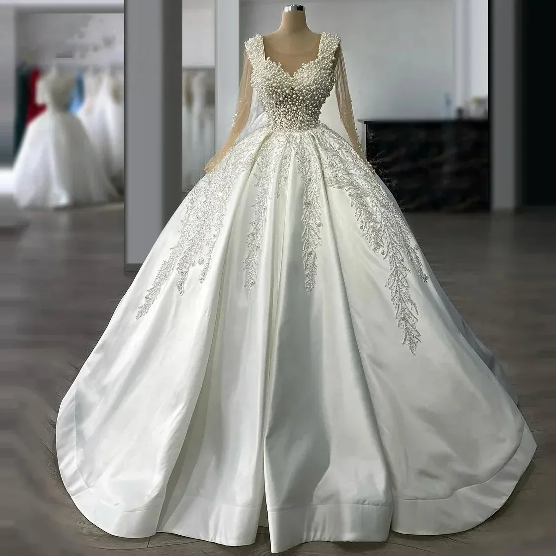 New Princess Wedding Dresses Illusion Full Sleeve Ball Gown Pearls Beaded Applique Vestidos De Novia Amanda Novias Officia Custo