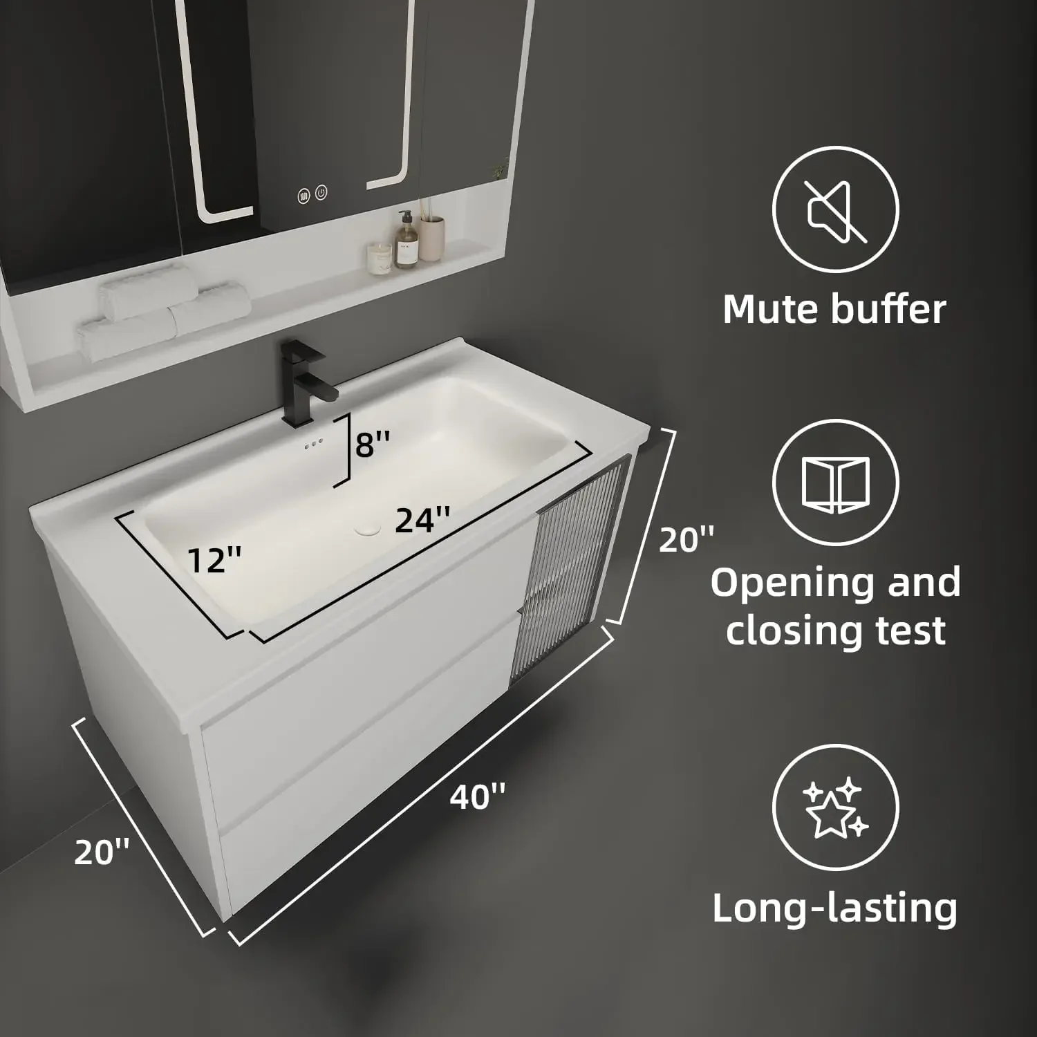 Bathroom Vanity with Sink 40 Inch, Wall Mounted Modren Bathroom Vanity with Faucet, Pop-up Drain, P-Trap, White