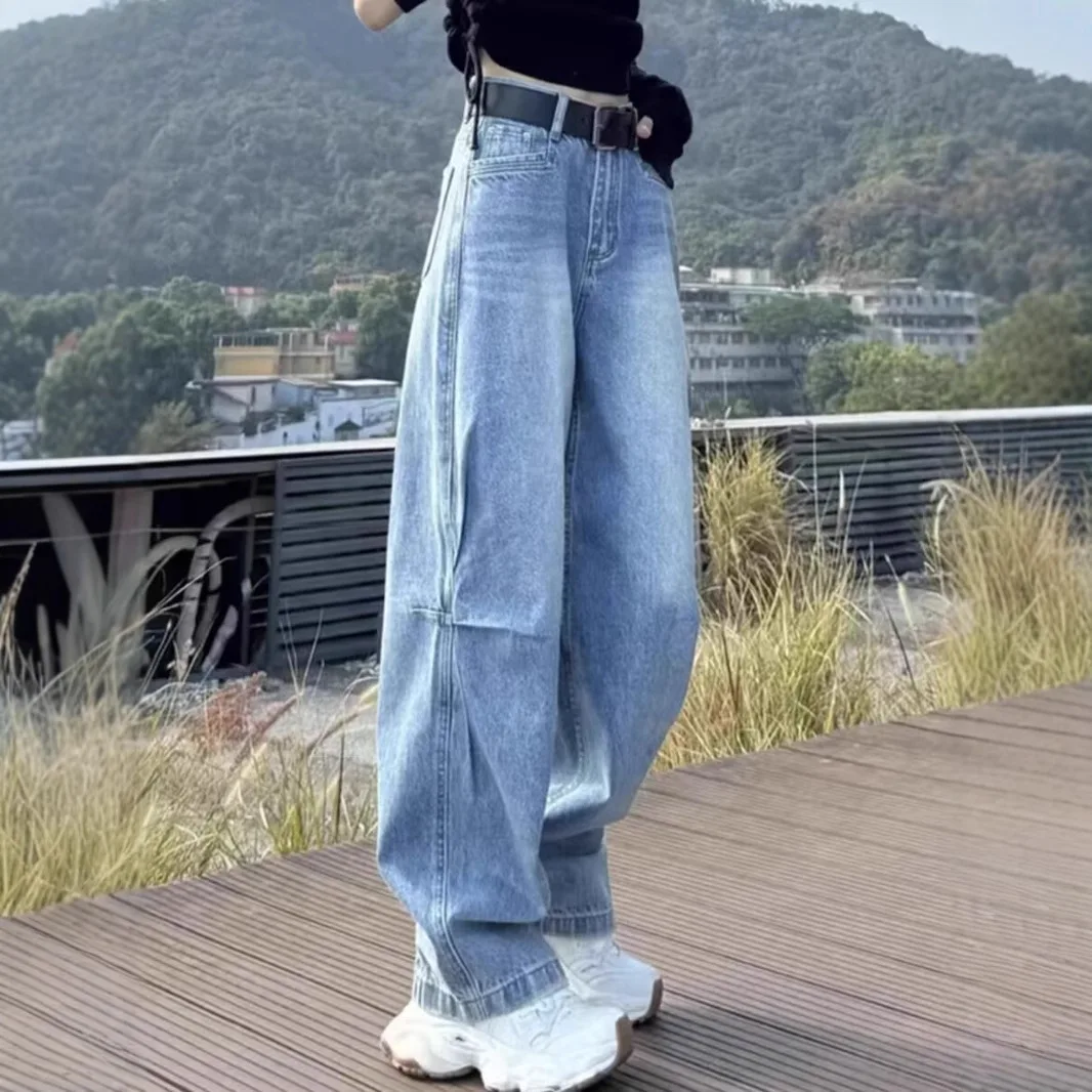 

Light Blue Sickle Design Jeans for Women 2026 Spring New Loose Slim Scimitar Pleated Wide Leg Long Pants