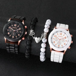 Montre à quartz en silicone pour couple, bracelet de perles d'amoureux, mode, ensemble de 4 pièces