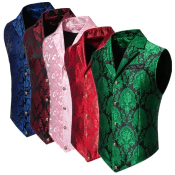New Men Jacquard Suit Vest Loose Tops Red / Green  / Blue / Pink Fashion Male Wedding Prom Party Luxury Dress Waistcoat