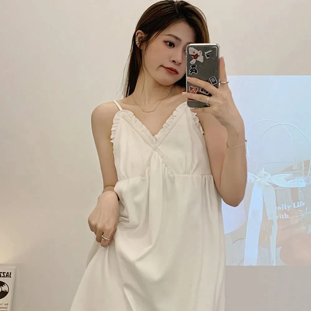 

High Waist Ruffle Women's Pajama Dress V-neck Sleeveless Suspender Nightdress Sleepwear Loose Sling Nightgown Girls