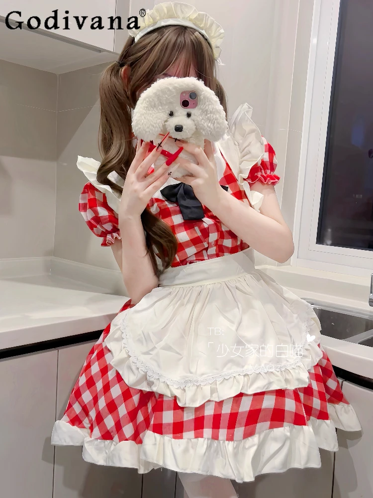 

L-5XL Plus Size Lolita Red Plaid Maid Cute Christmas Cos Uniform Girls Summer Ruffles Splicing A-line Sweet Japanese Short Dress
