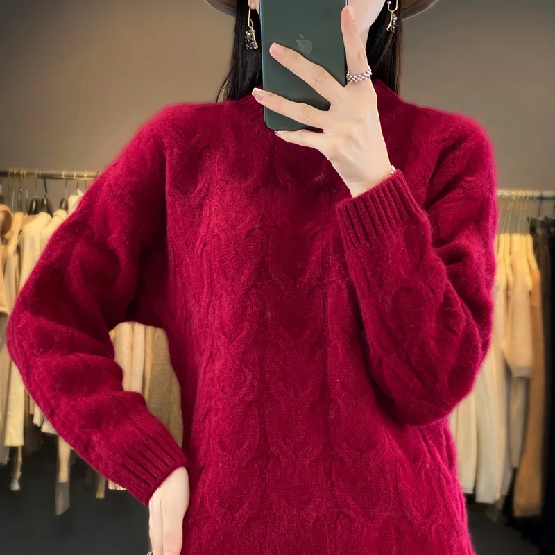 Autumn and Winter New Women's Sweater 100% Wool Cashmere Half High Neck Knitted Pullover Loose Fashion Thickened Women's Top