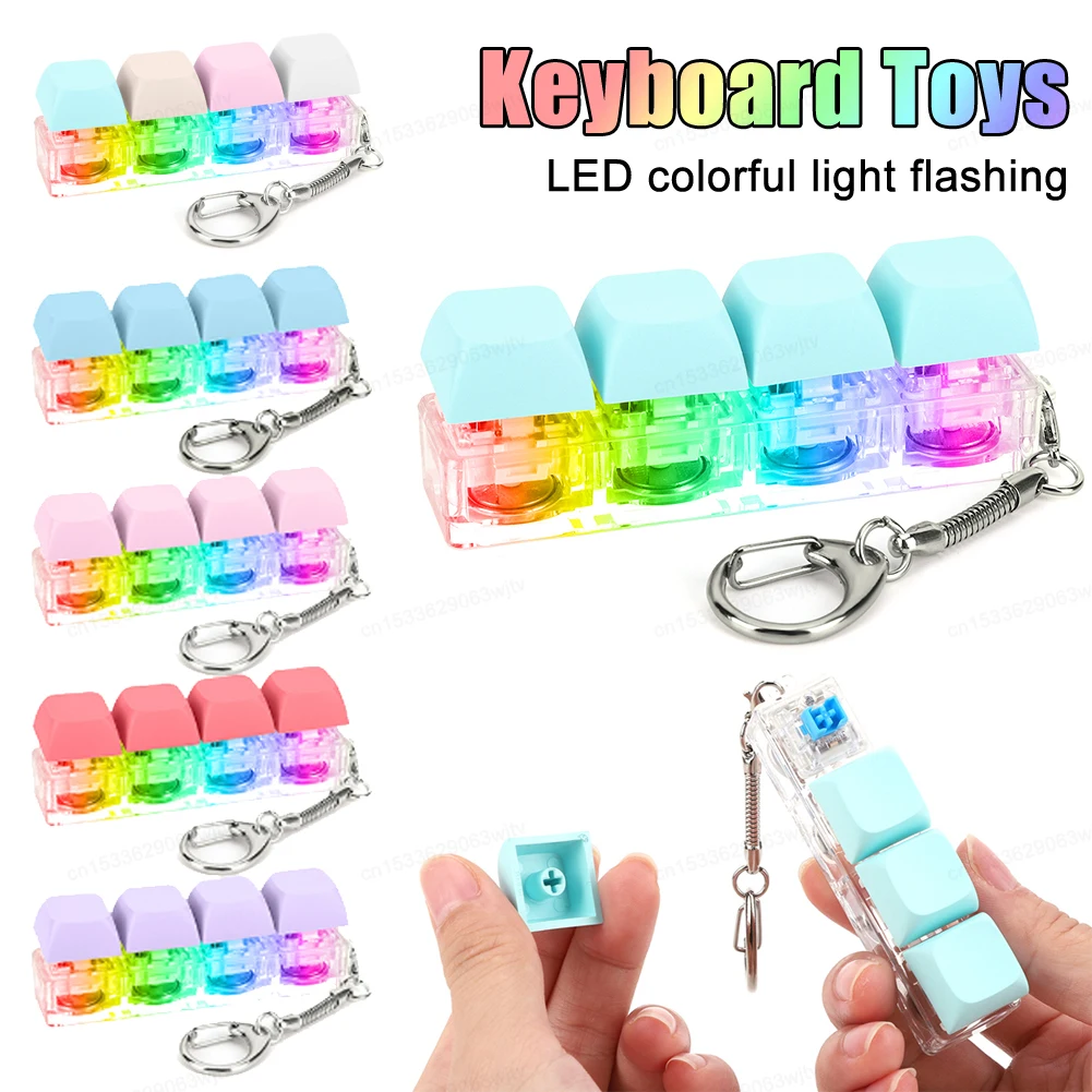 Keyboard Fidget Keychain 4 Keys Keyboard Decompression Toys with LED Light Keyboard Clicker Toy DIY Button Stress Relief Toys