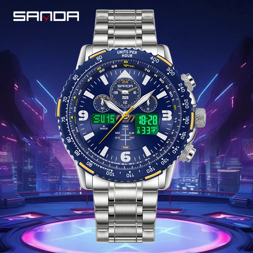 Montre électronique à quartz SANDA 6362 à double affichage pour homme, étanche 5ATM, avec lumière nocturne, chronomètre multifonctionnel, alarme et horloge