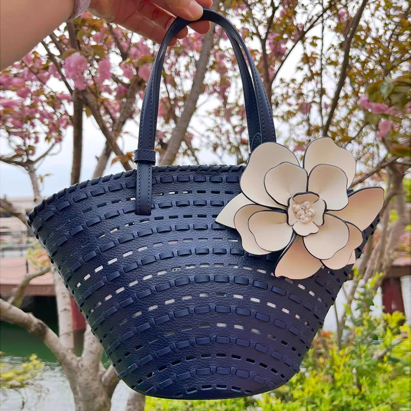 

NEW pu leather Handheld Hollow Woven Tote Bag Vegetable Basket Shoulder Bags Beach Vacation Picnic Handbag Summer