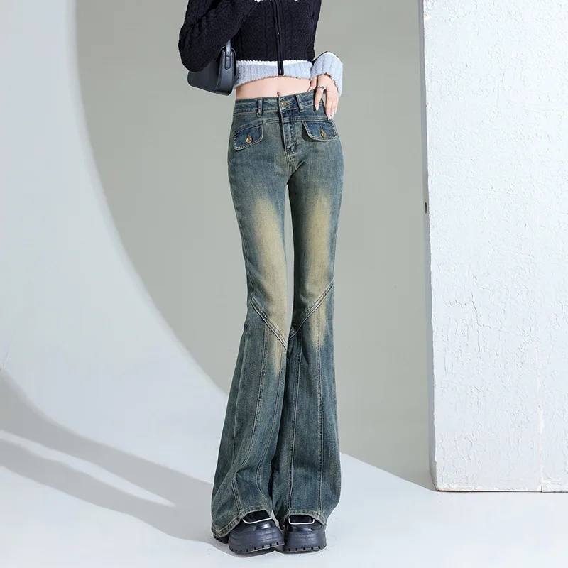 Micro Flare Jeans para mujer, pantalones elásticos ajustados de cintura alta, Retro americano, otoño e invierno, nuevo, y2k, 2024