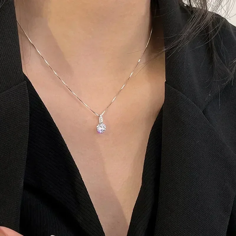 New Women 925 Sterling Silver Jewelry Zircon Fine Round Pendant Necklace Fashion Rhinestone Clavicle Chain Neck Birthday Gift