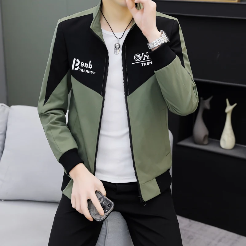 

Мужская повседневная куртка на молнии с воротником-стойкой, весна-осень, молодежная, модная, с цветными блоками, длинными рукавами, приталенного кроя