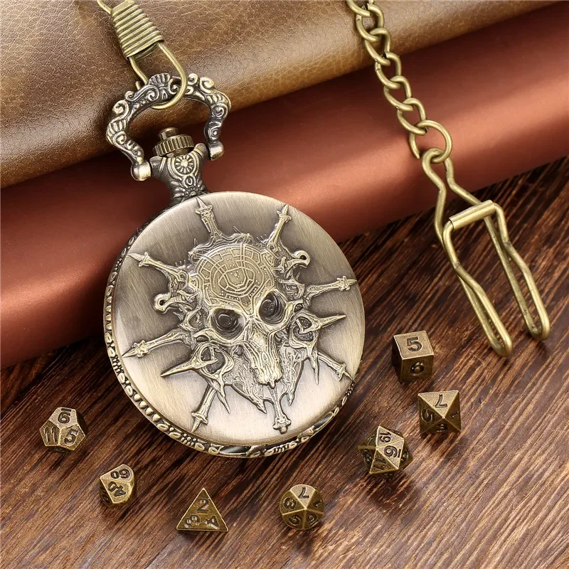 

Creative 7pcs/set Metal Gaming Dice with Skull Pattern Pocket Watch Case FOB Chain Dragon Games Dices for Entertainment